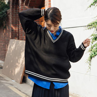 韩国代购2015秋韩版套头卫衣条纹bf风宽松学院风学生上衣大码外套