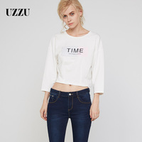 UZZU品牌2016秋新款字母印花女装米白色长袖t恤女款宽松百搭上衣