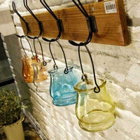 宽口铁线玻璃吊瓶　烛台水培容器花器小花瓶绿植悬挂瓶子 zakka