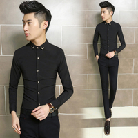 2015春装新款韩版青年修身金属装饰领长袖衬衫 男士纯黑工作服潮