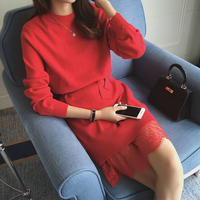 2015秋冬新品韩版下摆蕾丝拼接中长款套头毛衣裙修身打底针织衫潮