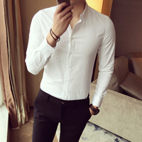 韩版修身暗条纹纯色衬衫男秋季新款长袖衬衣夜场潮流男士白色寸衫