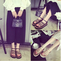 2015夏季新款韩版真皮松糕厚底罗马凉鞋女潮金属链条中跟露趾凉鞋