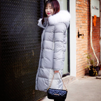 韩国原版 白色大毛领貉子毛中长款羽绒服女长款加厚欧美2015冬季
