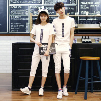 夏季新品韩版修身情侣运动套装时尚休闲短袖T恤七分裤男女两件套