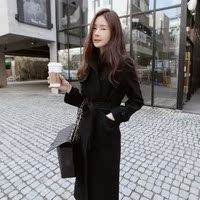 2015秋冬新款韩版双排扣系带加厚羊绒黑色超长款毛呢子大衣外套女