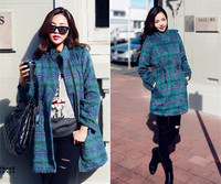 韩风潮牌韩国版2015冬装新款女装格子修身立领中长款毛呢外套大衣