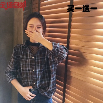 9612#韩国chic 网纱波点拼接假两件格子衬衫