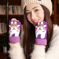 A453 韩版针织加厚保暖冬季兔子印花露指手套办公打字半指手套女
