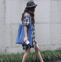 韩版学院风水洗复古牛仔包竖款方形单肩手提纯色百搭包袋女包大包