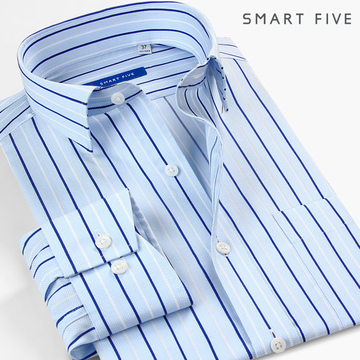 SmartFive 明星同款男士长袖正装衬衫蓝色条纹商务休闲纯棉男衬衣