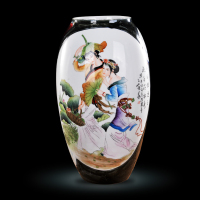 景德镇陶瓷器花瓶名人名作鉴于收藏釉里红窑变雕刻工艺手绘采莲图