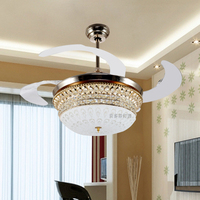 水晶隐形风扇灯LED卧室客厅餐厅吊扇灯收缩扇欧式现代风扇吊灯