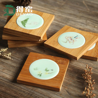 景德镇龙泉青瓷陶瓷杯垫 创意纯手工手绘荷花 竹制镶陶瓷杯垫壶垫