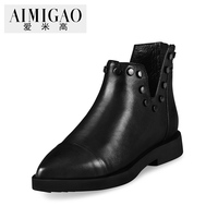 AIMIGAO爱米高2016秋冬新款 小牛皮低跟尖头铆钉骑士靴粗跟短靴女