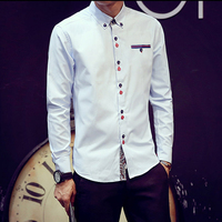 2015夏季新款时尚潮流韩版修身英伦风棉质拼色多扣男士长袖衬衫男