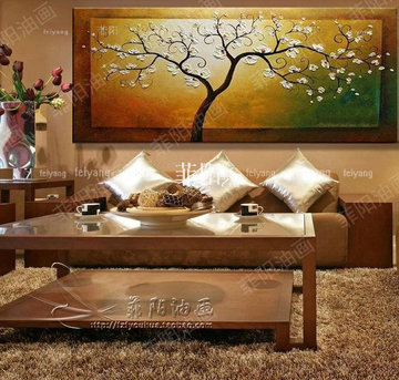 手绘油画立体客厅餐厅玄关欧式现代抽象风景发财树幸福树横装饰画