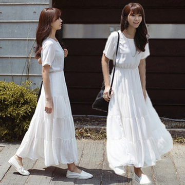 夏季新款韩版学生长裙学院风 少女短袖雪纺连衣裙 女生中长款裙子