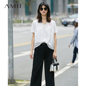 Amii[极简主义]夏装2017新款花朵印花V领宽松短袖雪纺衫