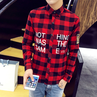 新款韩版男装衫衣字母格子长袖衬衫男青年休闲外穿衬衣秋季长袖
