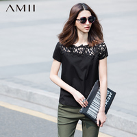 Amii及简旗舰店2015夏装新款大码百搭不对称拼艾米蕾丝短袖T恤女