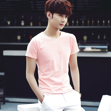 夏季新款休闲潮流韩版修身纯色粉色青年学生薄款男士短袖圆领T恤