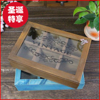 zakka杂货实木复古做旧首饰盒收纳盒带玻璃六格盒子化妆小木盒