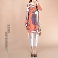 原创大码 时尚韩版印花长袖连身裙 中长款圆领衬肤色棉麻连衣裙
