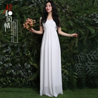 原创设计2015夏季新款白色雪纺v领伴娘裙波西米亚连衣裙长款礼服
