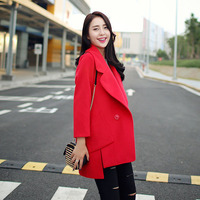 2015秋冬装新款韩版修身长袖一粒扣西装领毛呢大衣外套女呢子风衣