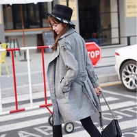 2015年新款修身显瘦格子中长款风衣外套女装潮通勤双排扣韩版灰色