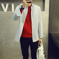 2015秋季新款时尚潮流棉韩版修身款休闲简约大白刺绣男士长袖衬衫