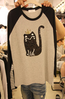 韩国东大门进口2015新品预定亮片猫咪长袖T恤