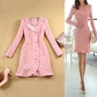 2件包邮大码女装2015冬简约韩国羊毛呢长袖修身粉色荷叶边连衣裙