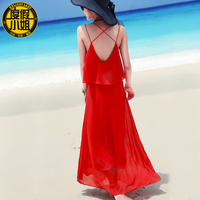 度假小姐夏女红色沙滩裙荷叶边连衣裙交叉露背雪纺吊带长裙泰国裙