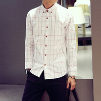 2015秋季新款时尚潮流韩版修身小清新英伦风棉质男士长袖格子衬衫