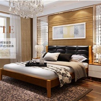 简约现代新中式双人实木床1.5米榻榻米橡木原木软靠背黑色皮艺床