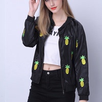 2016韩版秋季新款女装黑色菠萝图案刺绣飞行员女夹克棒球服段外套