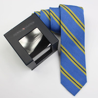 美国大牌真丝亚麻混纺男士韩版7CM窄领带刺绣宝蓝黄条纹 礼盒装