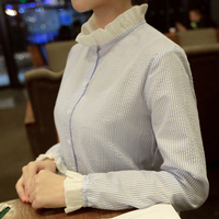 卡姿尚2016春装新款韩版气质小清新条纹衬衫女长袖宽松衬衣荷花领