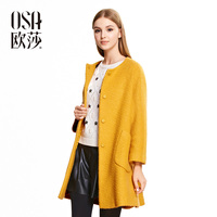 OSA欧莎2015冬季女装 单排扣中长款圆领纯色 毛呢大衣SD525006