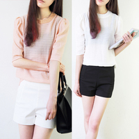 2015夏季新款韩版女装雪纺衫圆领纯色宽松简约套头衫中袖上衣罩衫