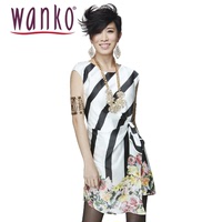 Wanko2016夏 时尚浪漫丝雪纺不规则层叠印花修身连衣裙WSSWD26025