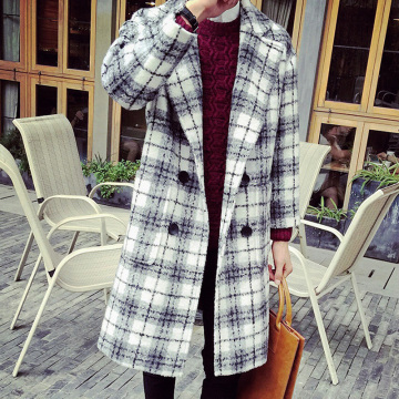PKB秋冬新款韩版男装羊毛呢子大衣男中长款修身风衣男士格子外套