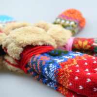 新款韩版女士双层加绒加厚连指毛线手套可爱小树女式手套圣诞礼物
