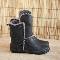 2015冬新款手工鞋风复古文艺真皮棉靴头层牛皮宽松平跟雪地靴保暖