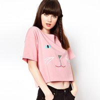 RICHCOCO欧美可爱Kitty猫手绘印花宽松圆领短款露脐短袖棉T恤D099