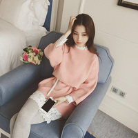 2015秋冬新款韩版粉色中长款宽松显瘦九分袖套头针织衫毛衣外套女
