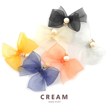 预定 [cream] 日本正品代购 透明感雪纺蝴蝶结珍珠可爱耳环