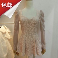实体韩国代购现货进口服装新款春秋季棉网纱袖裙摆小衫 女